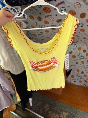 Urban Outfitters Kimchi Blue Yellow Crop Tank with Red Lettuce-Edge Trim